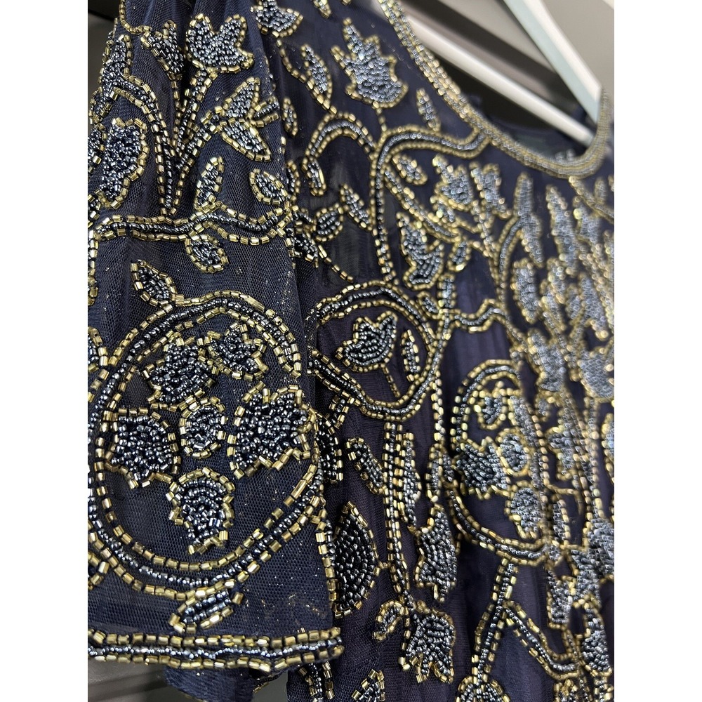 ASOS Dress Women 14 Navy Blue Beaded Short Sleeve Sequin‎ Bling Wedding Guest - Picture 6 of 11